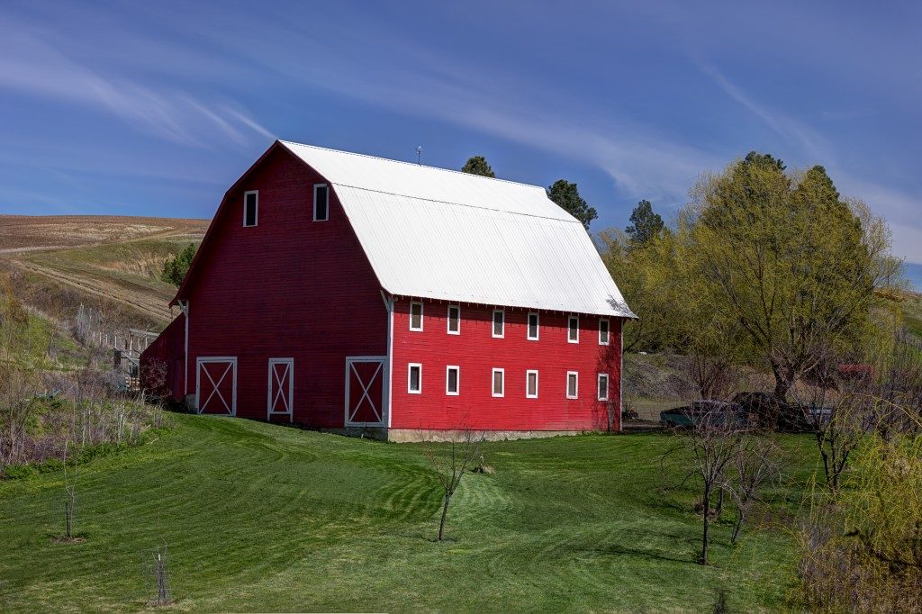 A red barn with white cieling