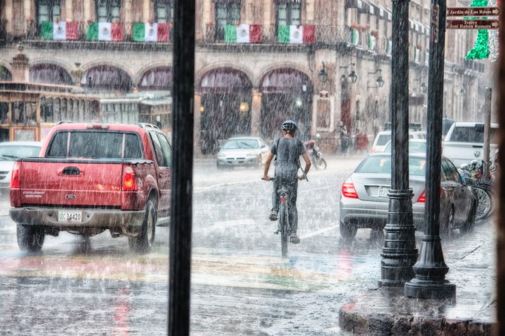 Riding the bike during a rainy day